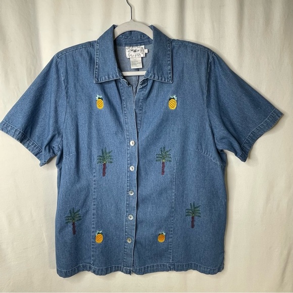 Vintage Denim Shirt Pineapple Palm Tree‎ Embroidery Hawaiian Size L - Picture 2 of 13